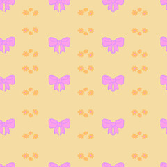 Vector seamless pattern with bows and flowers in pink and yellow. Ribbon decoration pattern for paper, textile, handmade decoration, scrap-booking, polygraphy, t-shirt, cards.