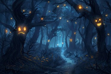 A haunted forest with glowing eyes peering from the darkness