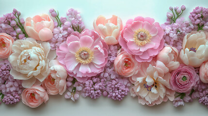 Bunch of pale pink tulips and lilac.