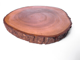 Flat wooden slice with dark bark edge and rich grain pattern on the surface. Perfect for rustic, eco-friendly, or crafting themes.