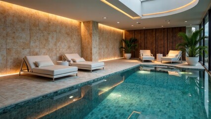 An indoor swimming pool with lounge chairs and potted plants is illuminated by warm ambient lighting in a modern spa setting. Concept of: Luxury wellness and relaxation retreat.