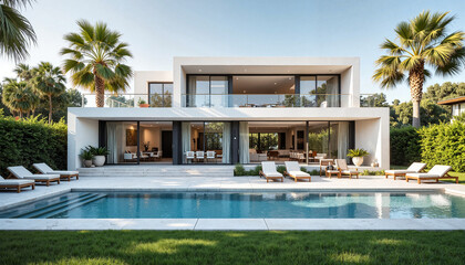 Fototapeta premium Modern villa with pool surrounded by palm trees