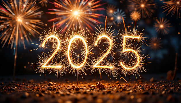 2025 Happy New year with sparklers and fireworks, New year celebration