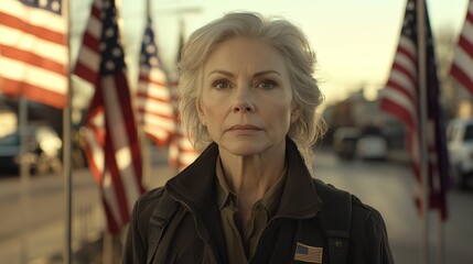 Fototapeta premium Elderly Woman Standing Proudly Near American Flags