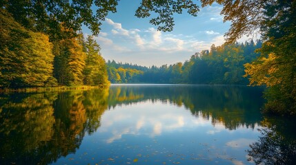 A tranquil lake surrounded by lush green forests in autumn