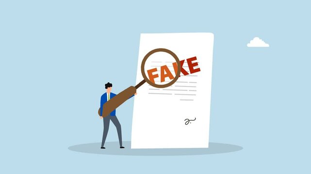 Fake document, 4k animation of clever entrepreneur examiner employing magnifying lens to check counterfeit document. 