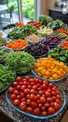 Obraz premium Colorful assortment of fresh vegetables arranged on a countertop for a healthy meal preparation