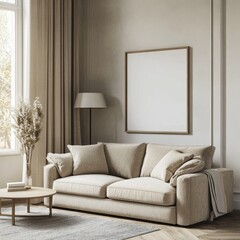 Beige sofa in a minimalist living room with large window, wooden floor, and blank frame.