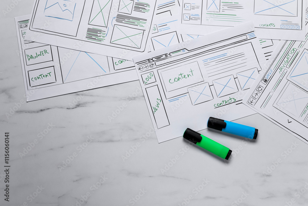 Poster developing ui design. sketches of website wireframes and felt pens on white marble table, top view
