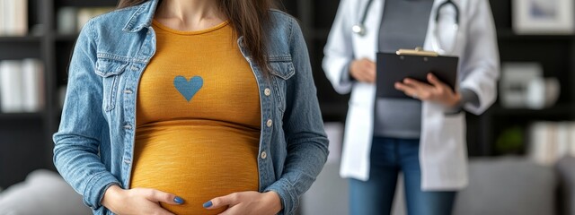 Pregnant Woman Holding Her Belly in Clinic, with Doctor in the Background, Maternal Health, Pregnancy Care, Women's Health Services, Medical Consultation