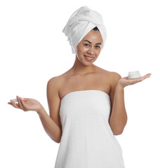 Beautiful woman with jar of cream on white background