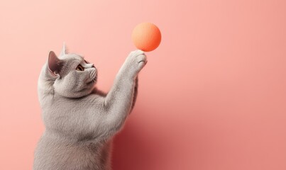 playful cat reaching for orange ball against pink background