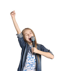 Little girl with microphone singing on white background