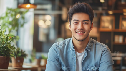 Fototapeta premium カフェでリラックスする笑顔の男性