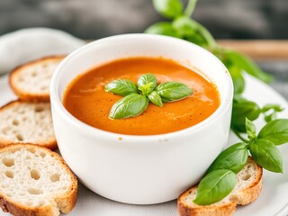 Bowl of creamy tomato soup garnished with fresh basil and served with crusty bread