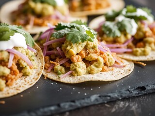 Loaded tacos with colorful toppings like guacamole, sour cream, and cilantro, on a dark slate surface