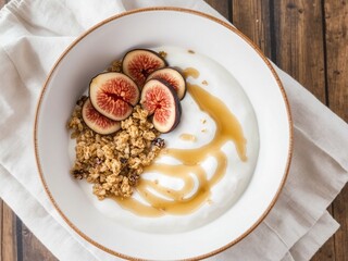 Bowl of creamy yogurt topped with granola, honey drizzle, and fresh figs, placed on a linen napkin