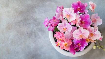 Fototapeta premium Colorful Fresh Orchid Flowers in a Modern White Pot Arrangement