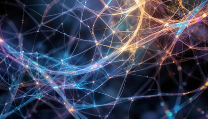 An intricate web-like abstract pattern with overlapping strands of translucent rainbow colors, shimmering with iridescent highlights, set against a dark, smoky background, giving a dynamic and glowing