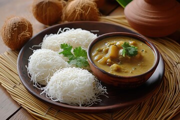 Freshly Steamed Idiyappam with Vegetable Kurma, Styled in a Traditional South Indian Setting