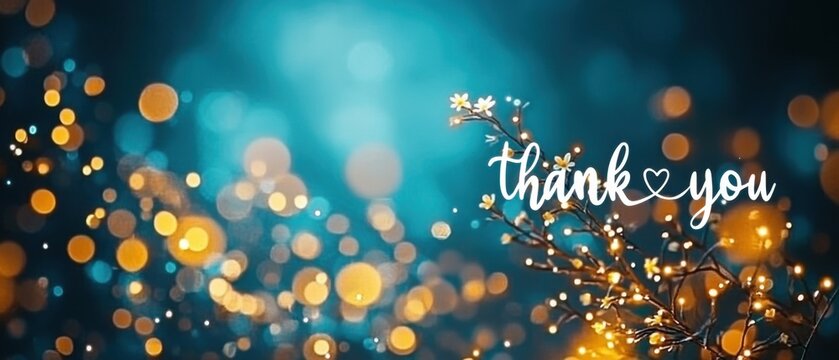 Glowing Thank You Message with Lights and Flowers Stock Photo
