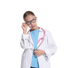 Girl with stethoscope pretending to be doctor on white background. Dreaming of future profession