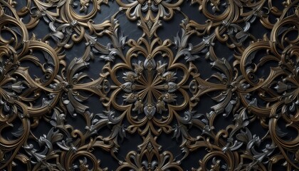 Obraz premium An ornate abstract pattern with interwoven metallic threads in silver, gold, and bronze, forming intricate, flowing shapes on a deep charcoal background, with a polished, luxurious finish.
