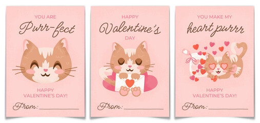 Valentines Day Cards Set with Hand Drawn Red Cats.