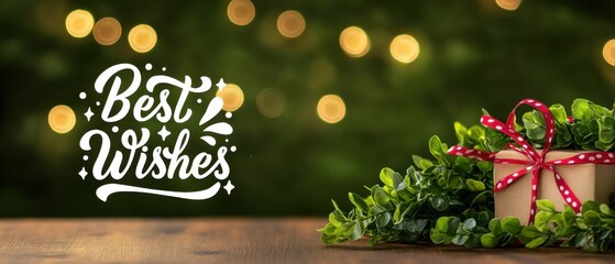 Naklejka premium Festive Best Wishes Holiday Gift Box with Green Greenery and Lights