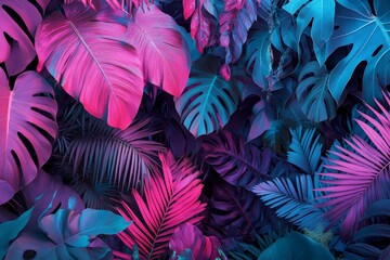Vibrant pink and blue tropical leaves background.