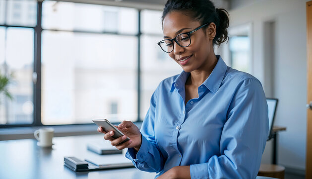 oung busy professional African American business woman company executive manager or entrepreneur wearing blue shirt holding cellphone using mobile cell phone standing in office working on smartphone.