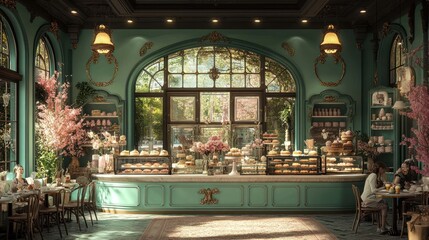 Obraz premium Elegant teal bakery interior with pastries, flowers, and customers enjoying afternoon tea.