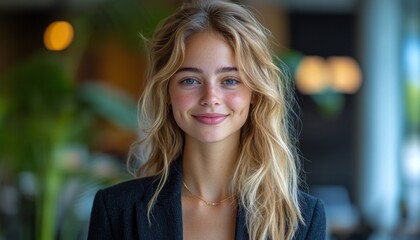 Obraz premium A young woman with long wavy hair smiles warmly while standing in a modern indoor area