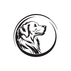 A logo of a golden retriever’s head in a circle. Black and white and has a simple, clear design.