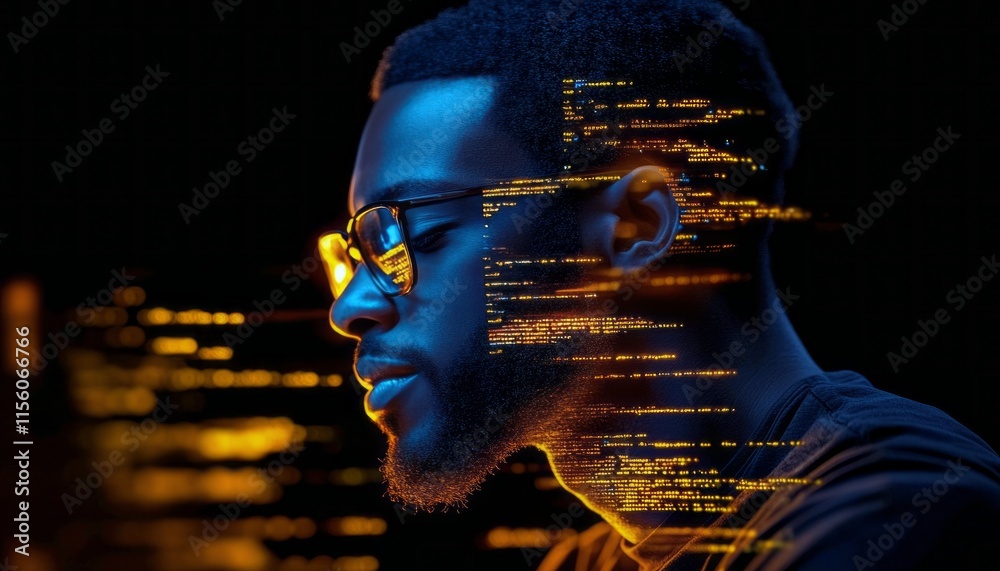 Poster a man contemplates while illuminated by vibrant digital data streams in the dark