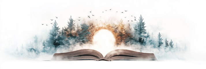 Enchant forest, dream like fantasy unfold, colorful character emerge from page mystery book, digital watercolor invite imagination magical world of endless possibilities soft monotone panoram.