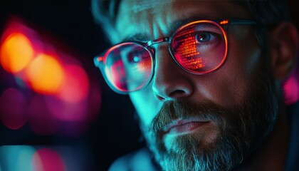 Man wearing glasses intently looks at a screen lit by colorful lights in a dark room