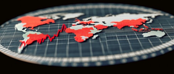 Obraz premium A world map in red shows growth trends against a dark backdrop