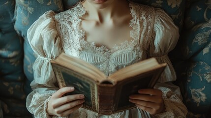 Girl in Antique Dress Reading a Book