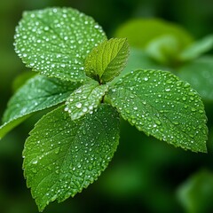 Raindrops on Green Leaves in Gentle Rain Nature Scene