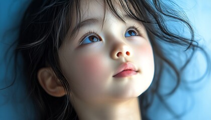 Child relaxes with eyes wide open, lost in thought, against a calm blue background