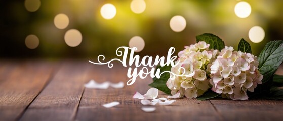 Naklejka premium Elegant Thank You Message with Delicate Hydrangea Flowers on Rustic Wood