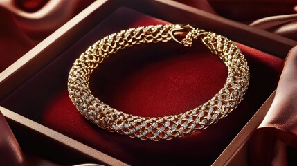 Fototapeta premium Elegant Gold Bracelet with Diamonds on Luxurious Red Silk Background
