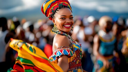 A Vibrant Woman in Colorful African Attire Smiles
