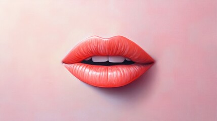 Obraz premium Close-Up View of Glossy Coral Lips on Soft Pink Background