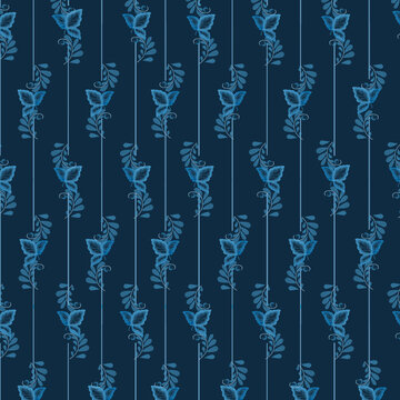 Blue twigs and leaves on a seamless pattern. Stylized pattern of small bouquets in traditional Russian style, isolated on a blue background. Watercolor digital illustration. Leaves in folk style