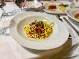 Traditional Italian pasta Carbonara. Spaghetti with bacon, egg and parmesan cheese.