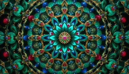 A highly detailed abstract mandala pattern with concentric, symmetrical designs in bright jewel tones like emerald green, sapphire blue, and ruby red, accented by golden filigree and subtle glowing 