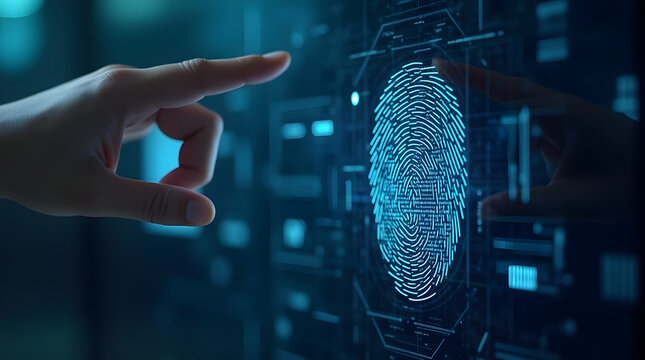 Digital fingerprint scanner, scan biometric identity and access password thru fingerprint, concept of cybersecurity and data protection, security system