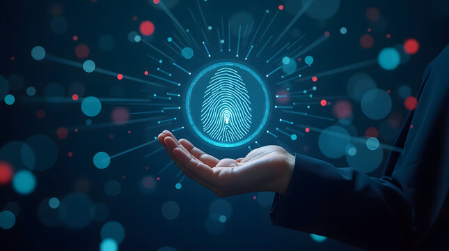 Digital fingerprint scanner, scan biometric identity and access password thru fingerprint, concept of cybersecurity and data protection, security system